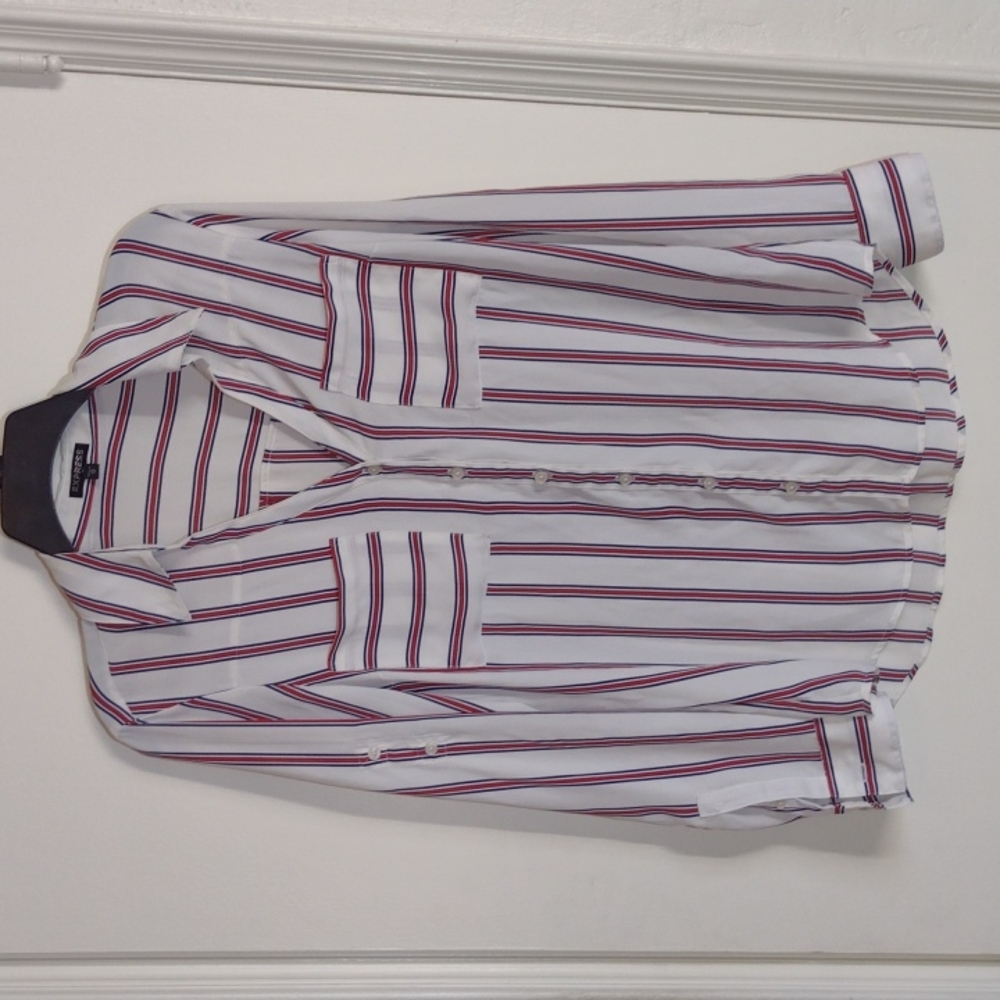 Express button down red & blue striped blouse